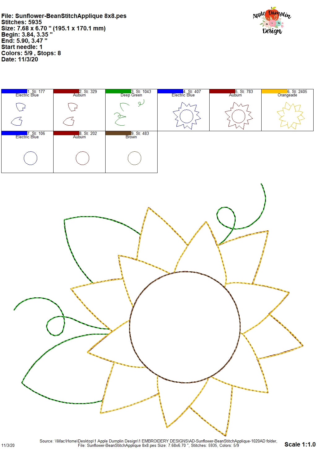 Sunflower Bean Stitch Applique Design, applique