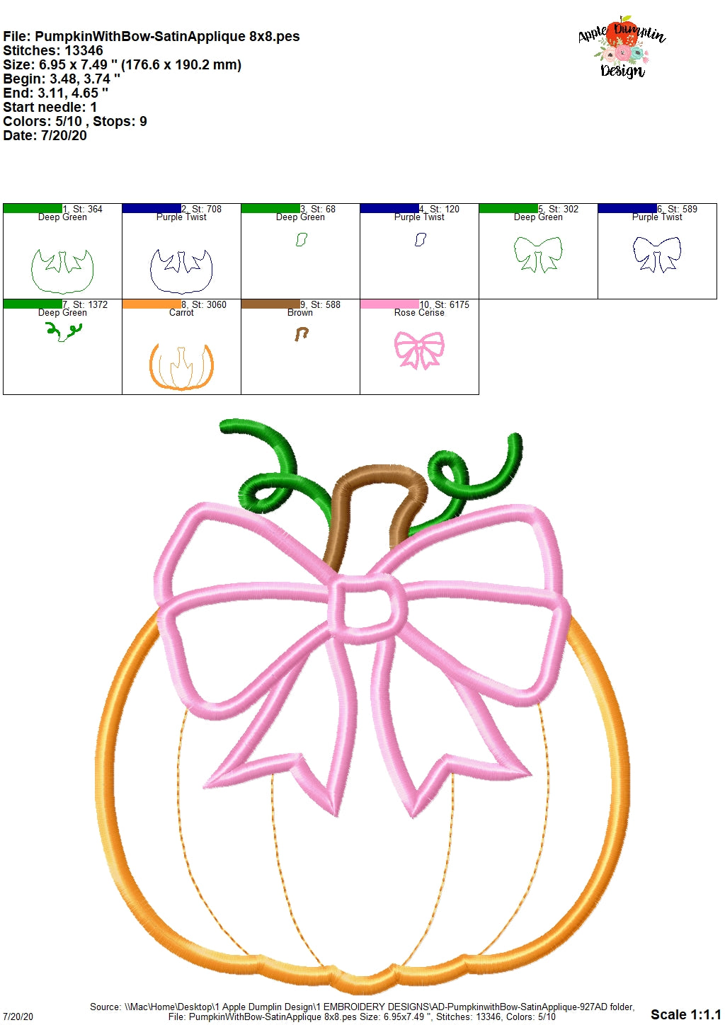 Pumpkin with Bow Satin Applique Design, Applique