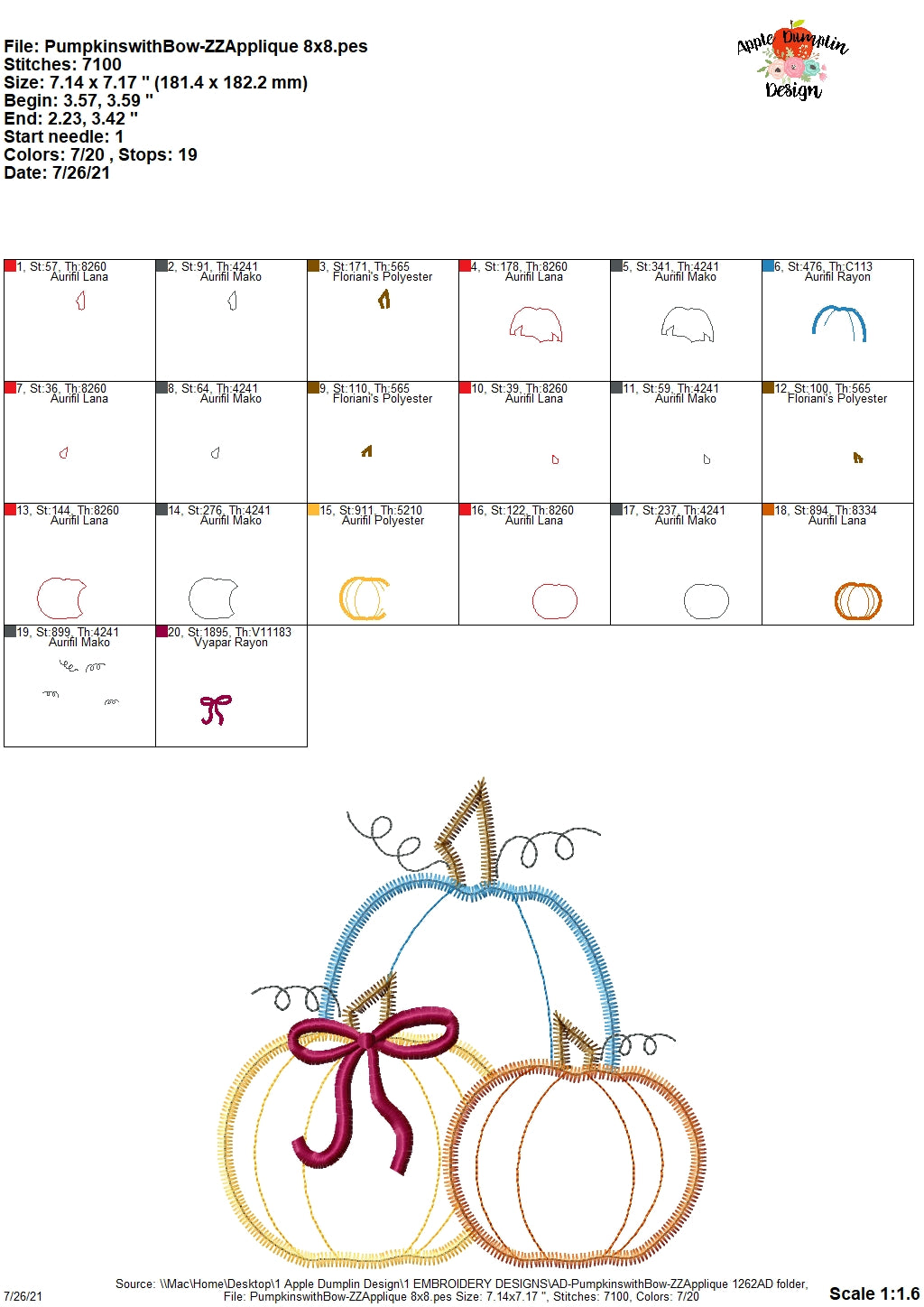 Pumpkins with Bow Zigzag Applique Design, Applique