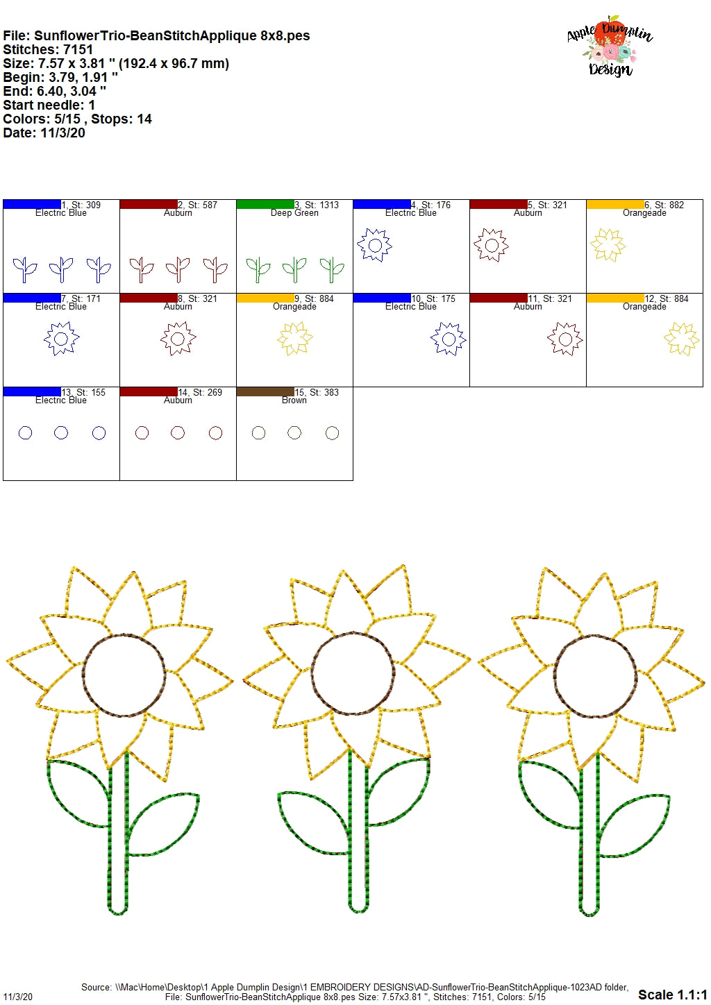 Sunflower Trio Bean Stitch Applique Design, applique