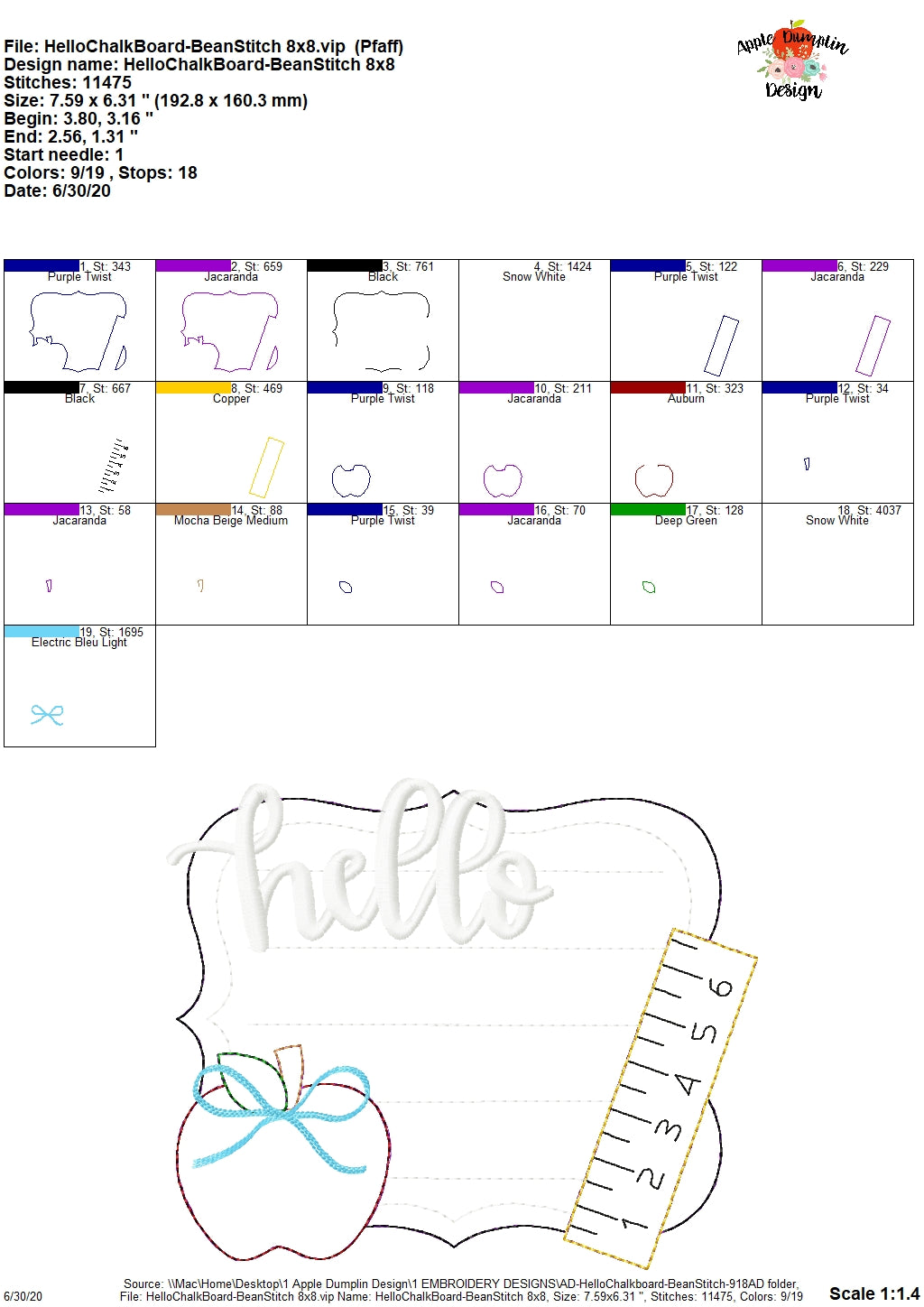 Hello Chalkboard Bean Stitch Applique Design, Applique