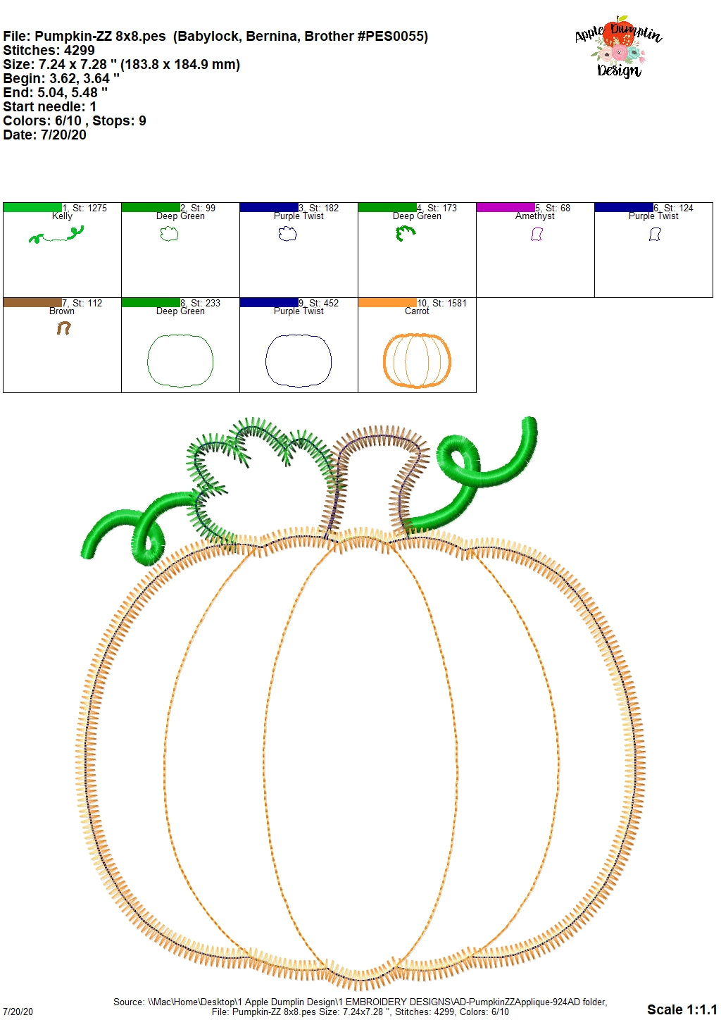 Pumpkin Zigzag Applique Design, Applique