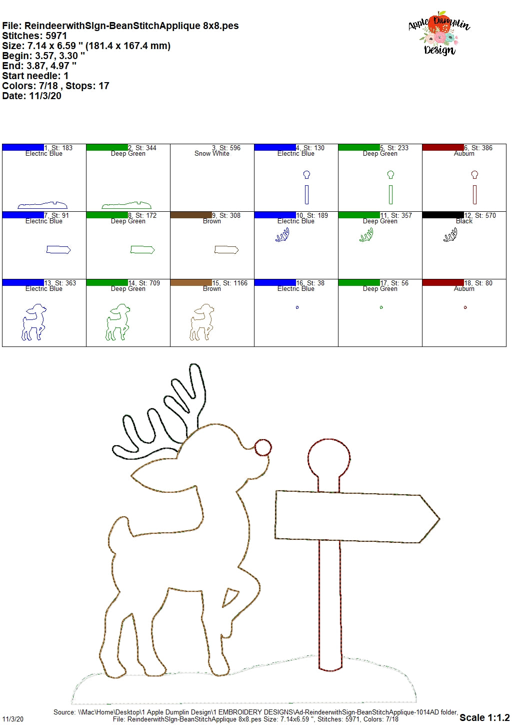 Reindeer with Sign Bean Stitch Applique  Design, Applique