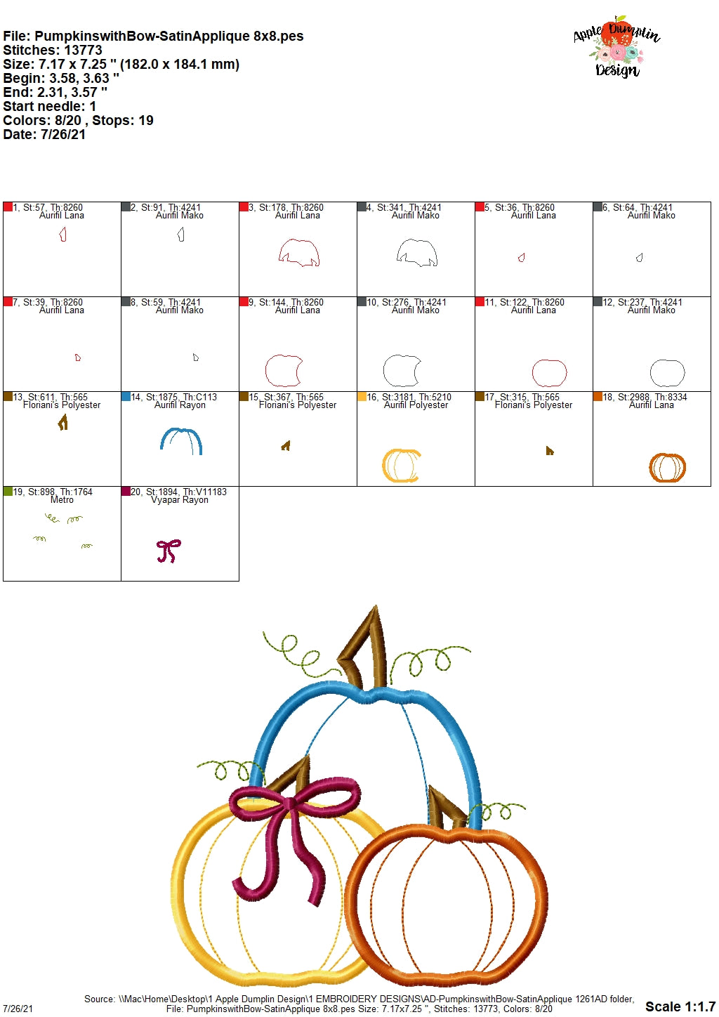 Pumpkins with Bow Satin Applique Design, Applique
