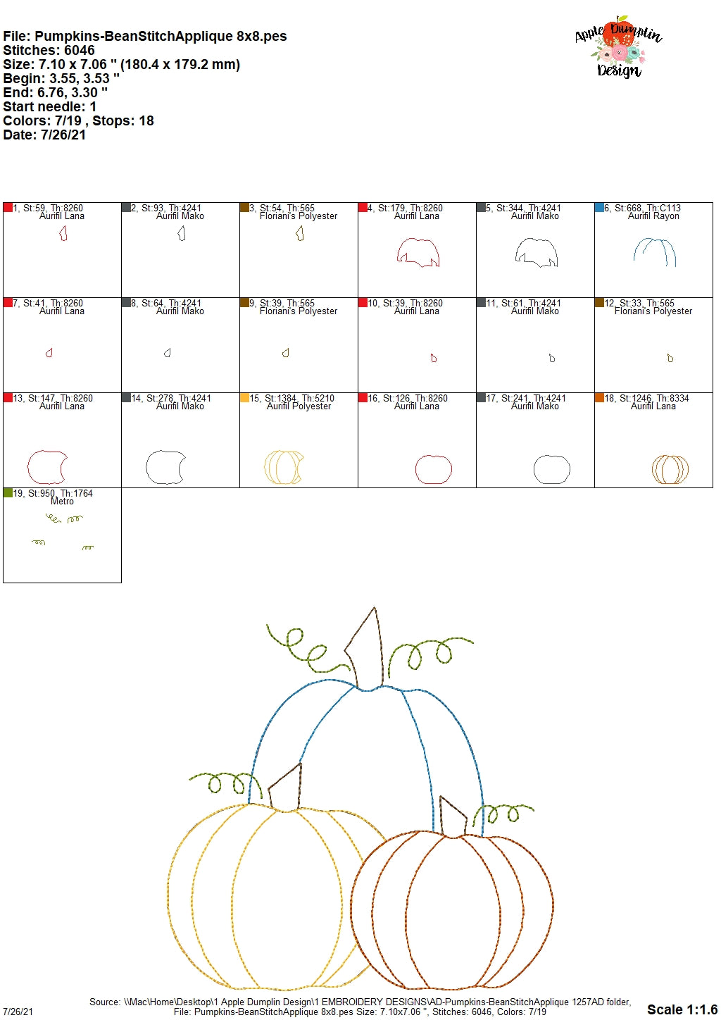 Pumpkins Bean Stitch Applique Design, Applique