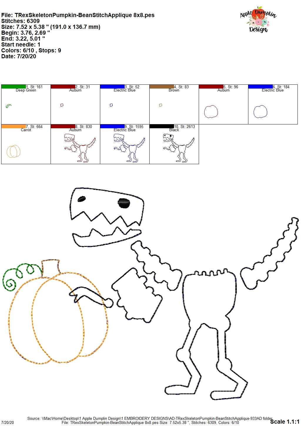 T-Rex Skeleton Pumpkin Bean Stitch Applique Design, Applique
