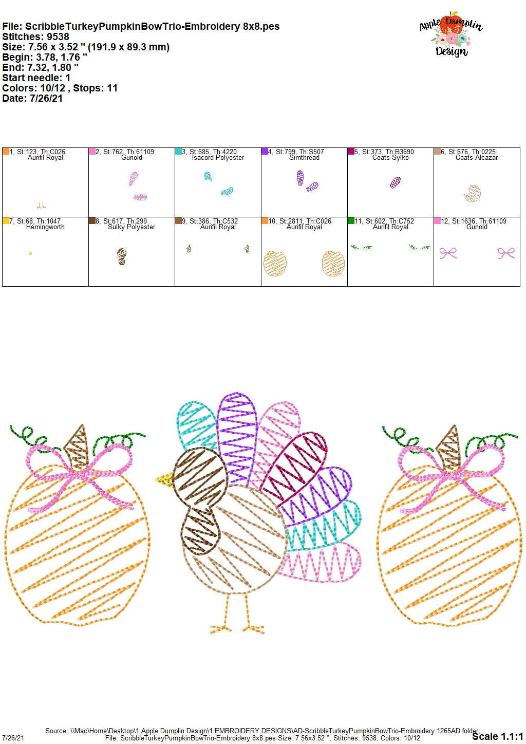 Scribble Turkey Pumpkin with Bow Trio Embroidery Design, Embroidery