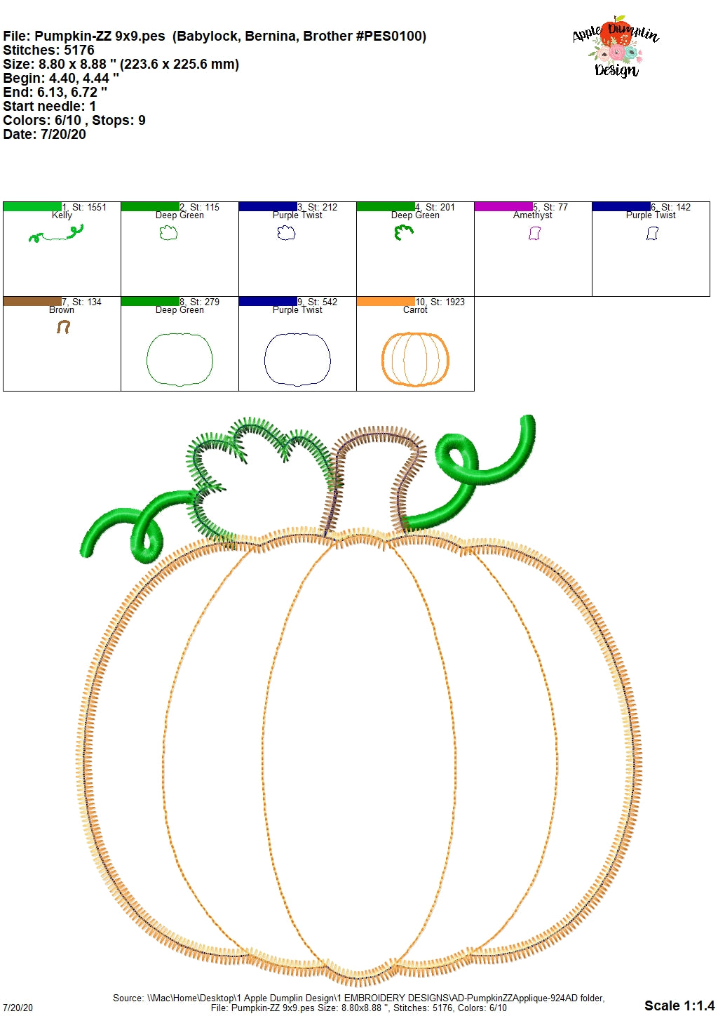 Pumpkin Zigzag Applique Design, Applique