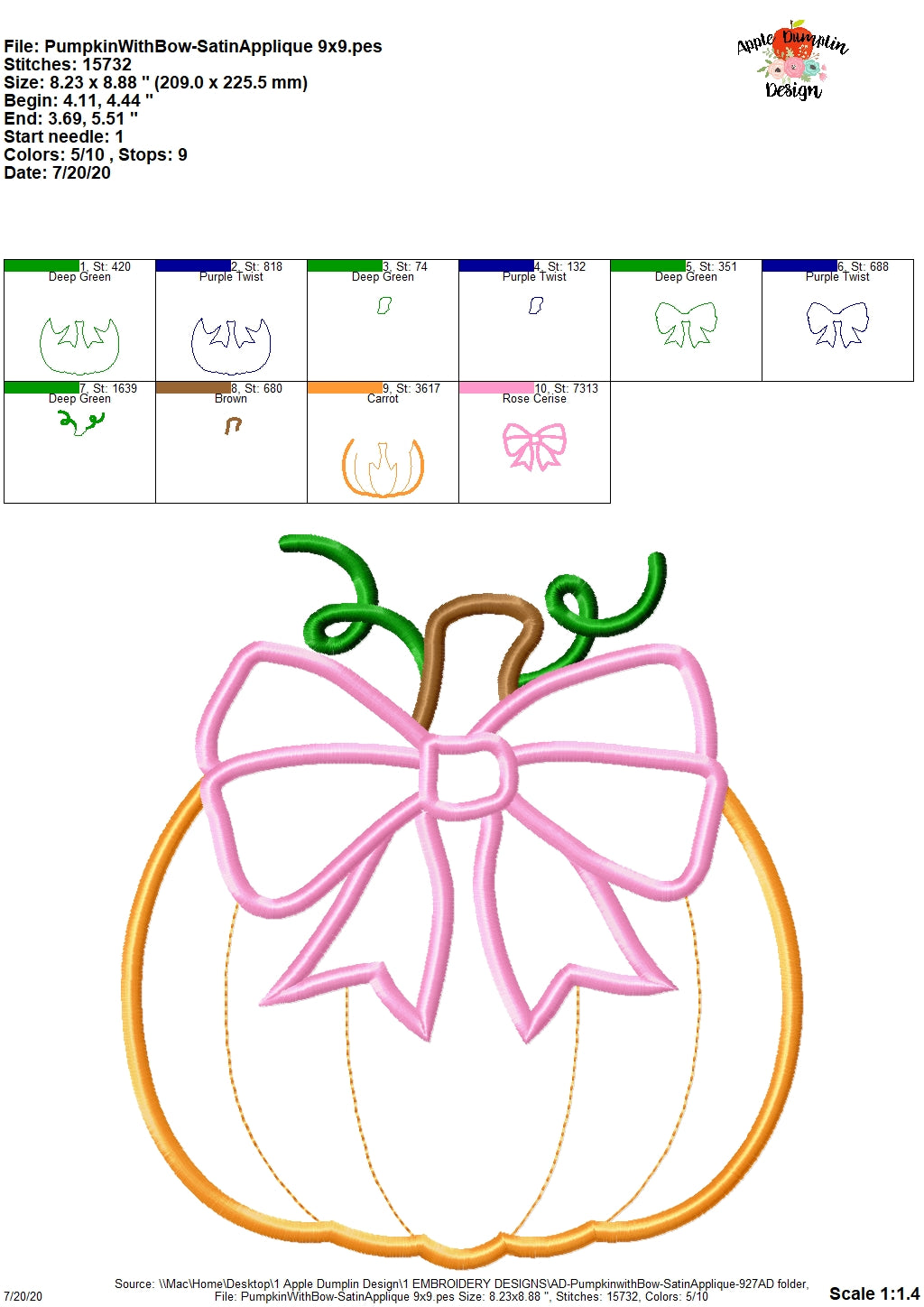 Pumpkin with Bow Satin Applique Design, Applique