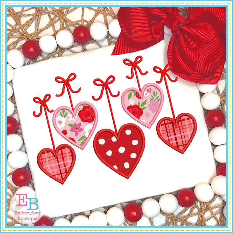 Five Hearts Bow Satin Stitch Applique, Applique