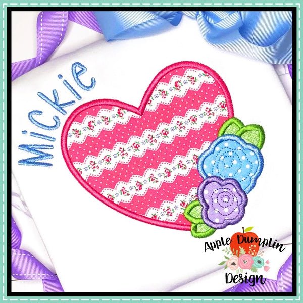 Large Heart with Flowers Satin Applique Design, applique