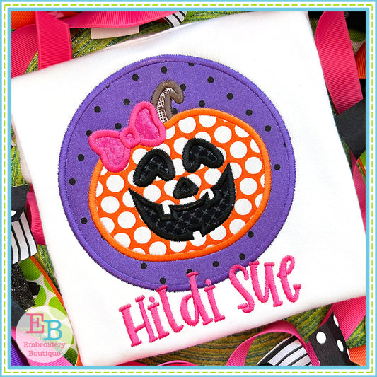 Jack-o-lantern Bow Circle Satin Stitch Applique, Applique