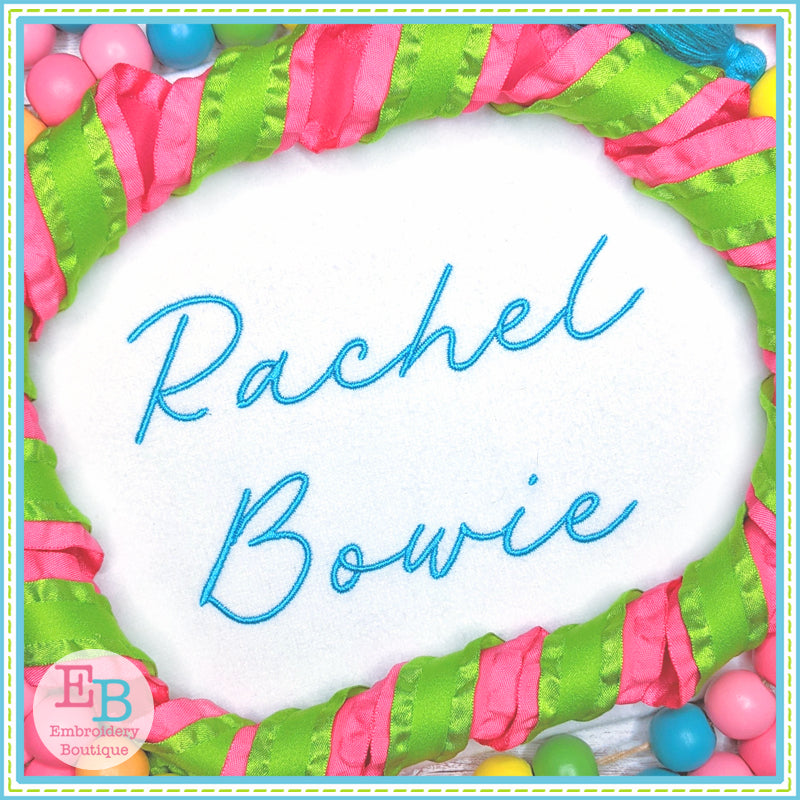Rachel Bowie Satin Embroidery Font, Embroidery Font