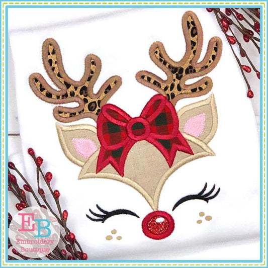 Reindeer Girl Bow Applique, Applique