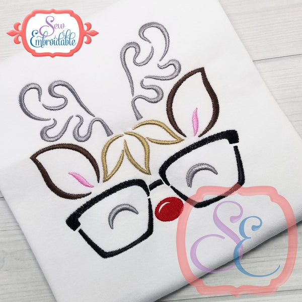 Reindeer Face Boy Glasses Outline, Embroidery