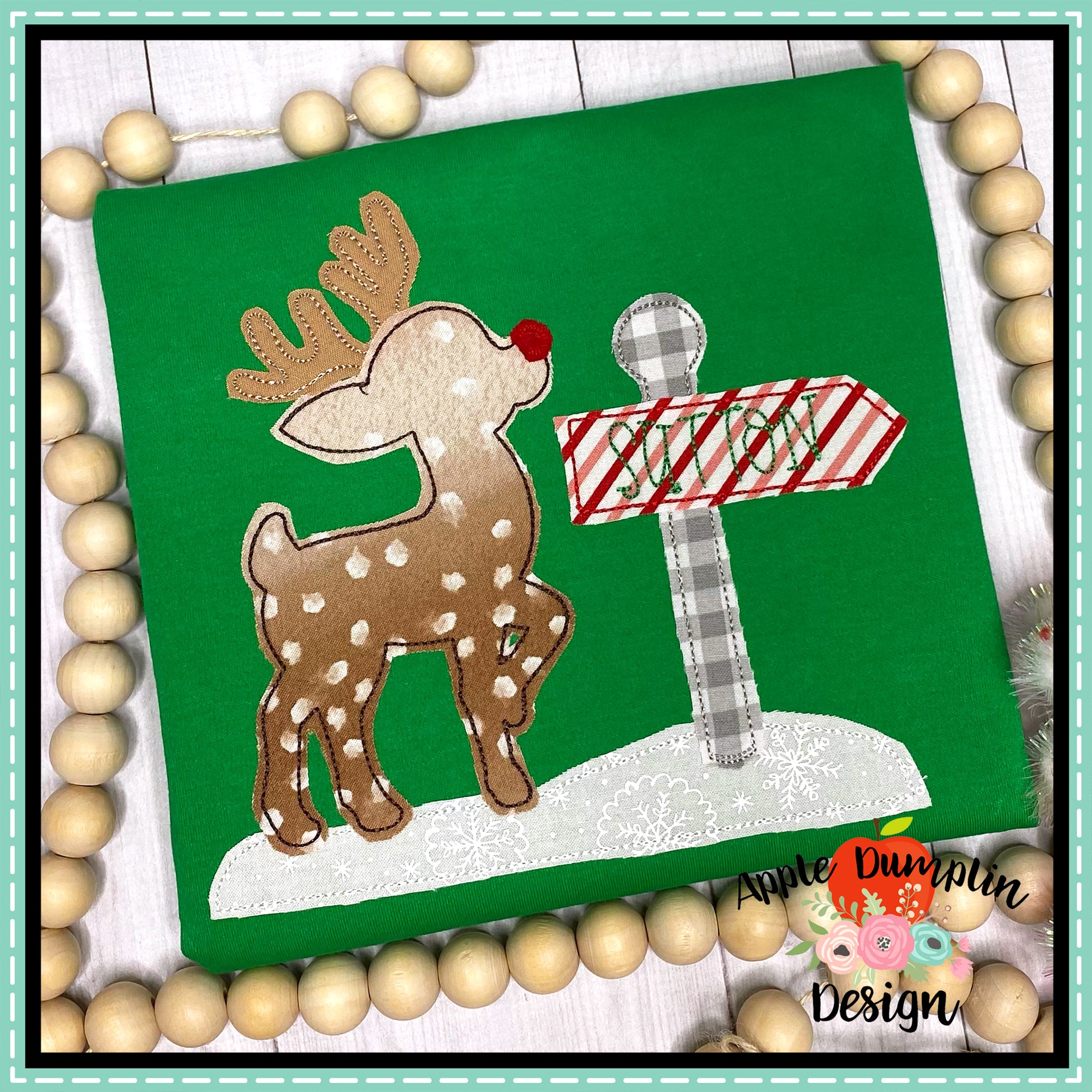 Reindeer with Sign Bean Stitch Applique  Design, Applique