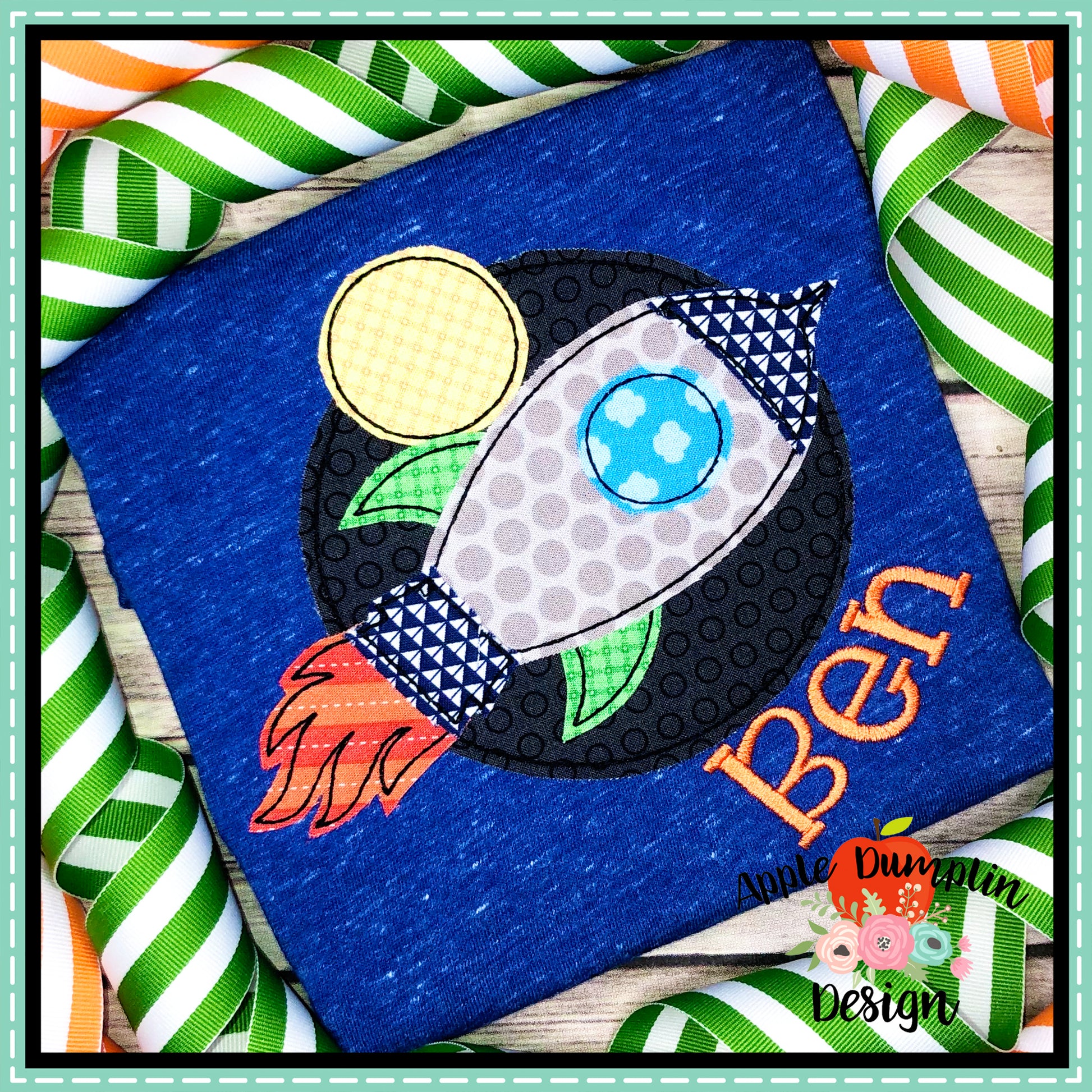 Rocket with Moon Bean Stitch Applique Design, applique