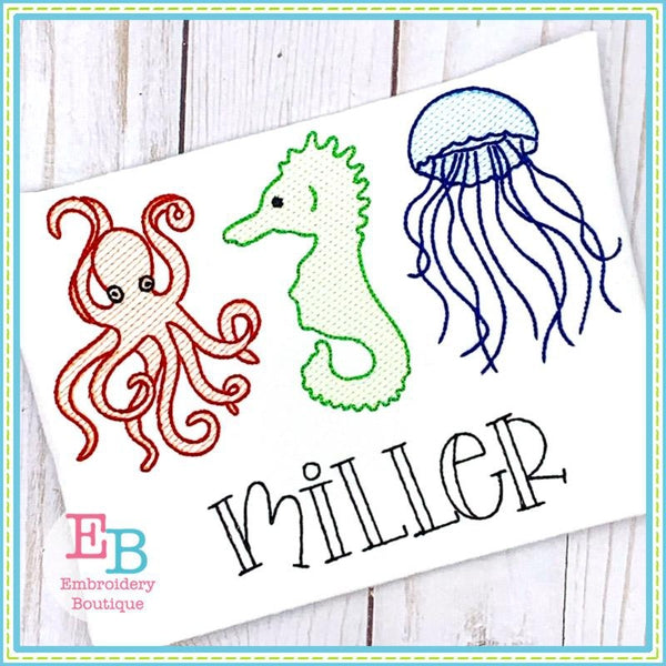 Sea Creatures Trio Sketch Design, Embroidery