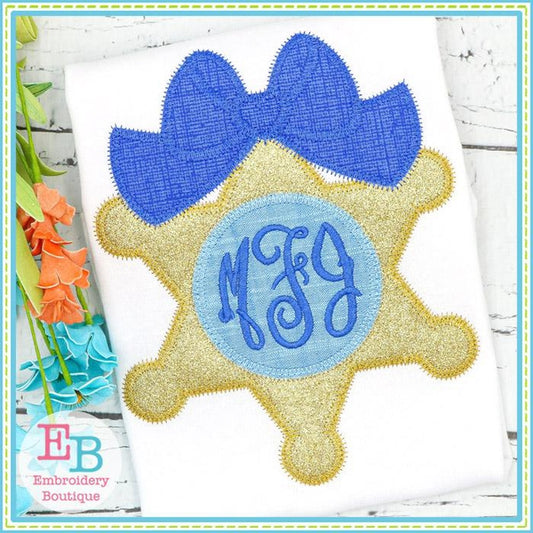 Sheriff Badge Big Bow Zigzag Applique, Applique