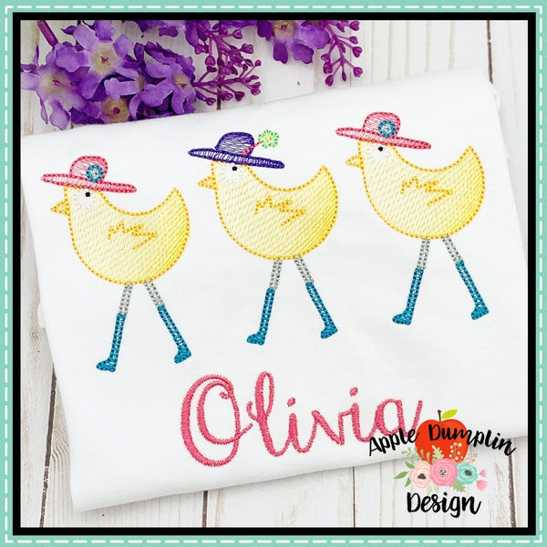Spring Chicken Trio Sketch Embroidery Design, applique