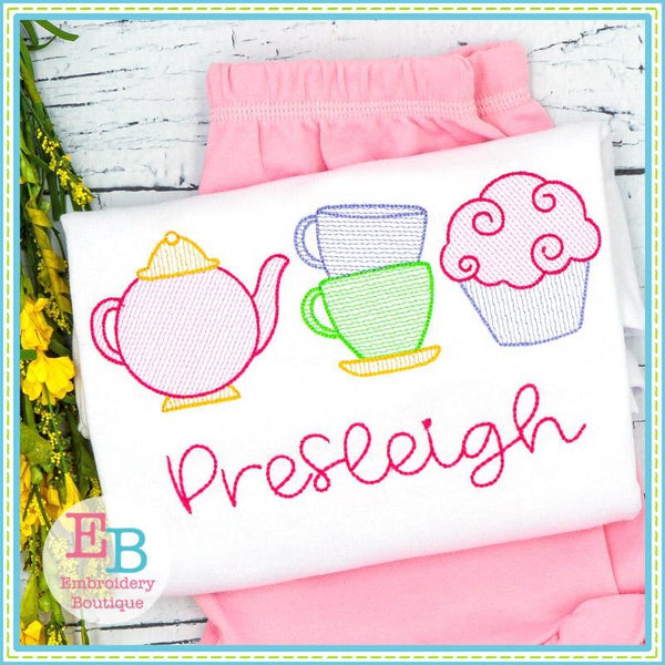 Teapot Cups Cupcake Sketch Design, Embroidery
