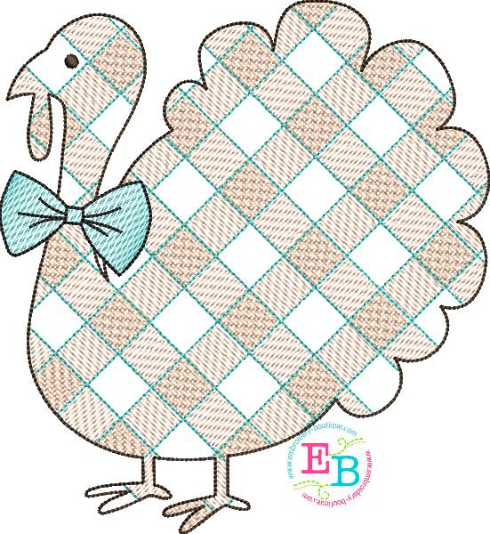 Turkey Bow Tie Plaid Sketch Embroidery Design, Embroidery
