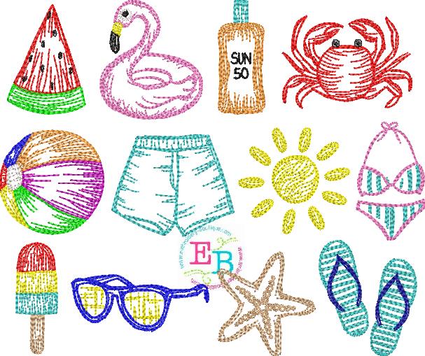 Beach Sketches Embroidery Design Set, Embroidery