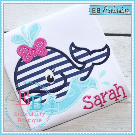 Girly Whale Waves Applique, Applique