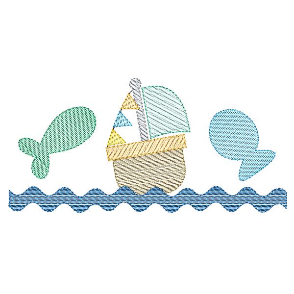 Fish Boat Trio Sketch Embroidery Design, Applique