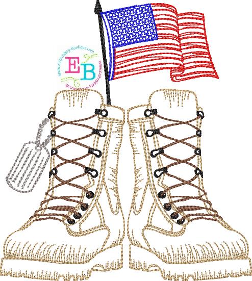 Boots Dog Tags Flag Sketch Embroidery Design, Embroidery