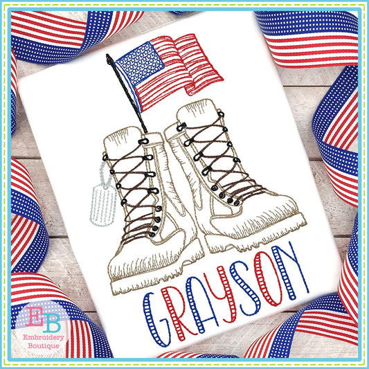 Boots Dog Tags Flag Sketch Embroidery Design, Embroidery