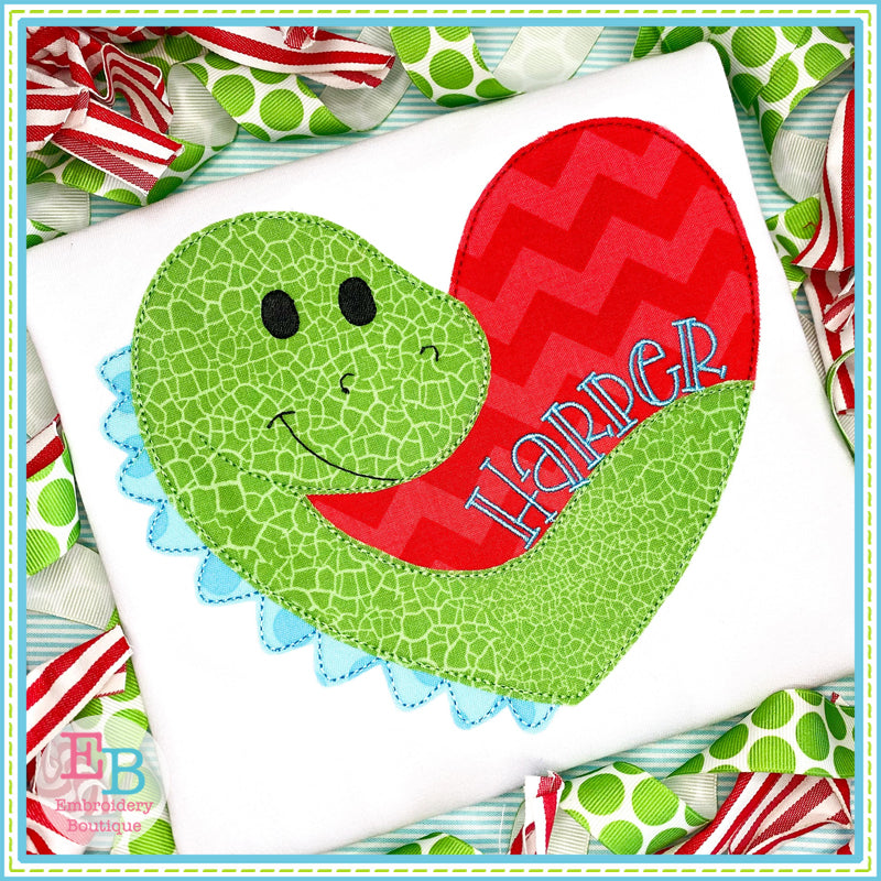 Boy Dino Heart Bean Stitch Applique, Applique