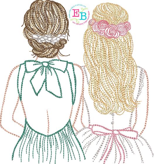 Bride and Bridesmaid Watercolor Embroidery Design, Embroidery