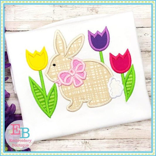 Bunny Bow with Tulips Satin Applique, Applique