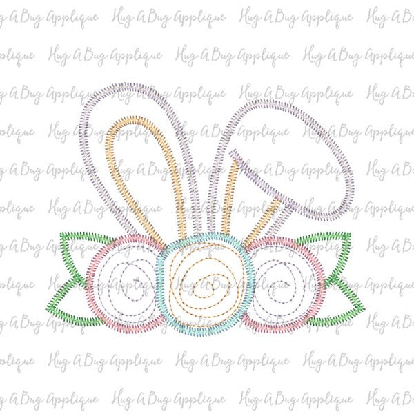 Bunny Ears Flowers Zig Zag Stitch Applique Design, Applique