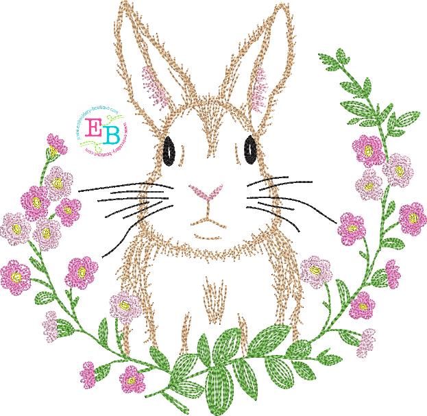 Bunny Floral Wreath Embroidery Design, Embroidery