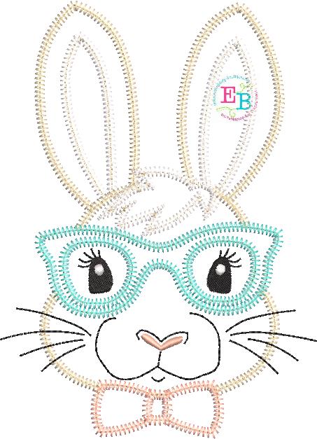 Bunny Glasses Bow Tie Zigzag Applique, Applique