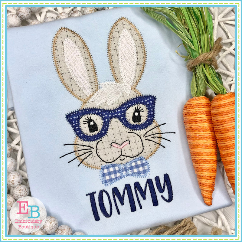 Bunny Glasses Bow Tie Zigzag Applique, Applique