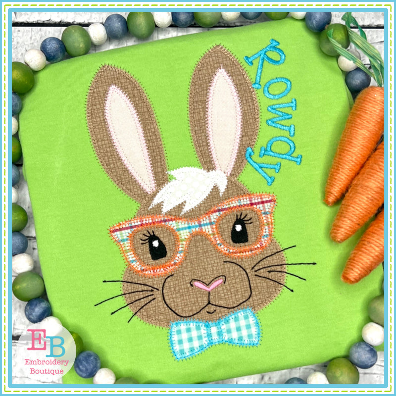 Bunny Glasses Bow Tie Zigzag Applique, Applique