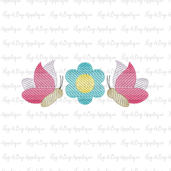 Butterfly Flower Trio Sketch Stitch Embroidery Design, Digital Download