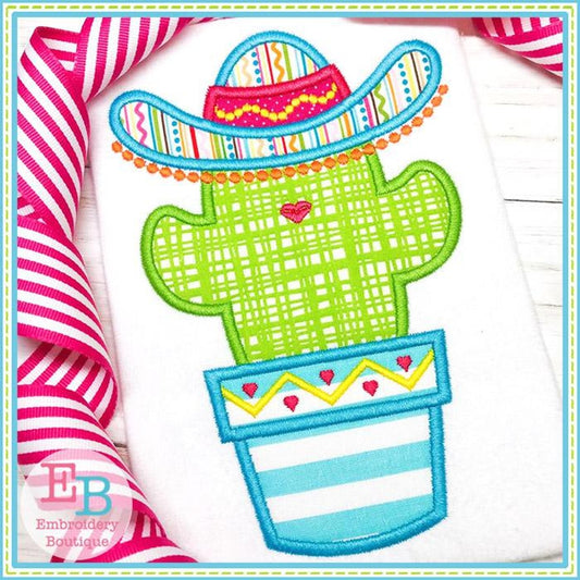 Cactus Sombrero with Pom Poms Applique, Applique