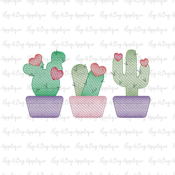 Cactus Hearts Trio Sketch Stitch Embroidery Design, Embroidery