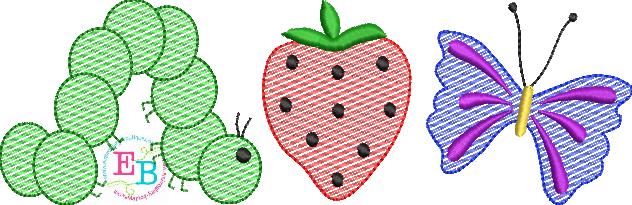 Caterpillar Strawberry Sketch Embroidery Design, Embroidery Design