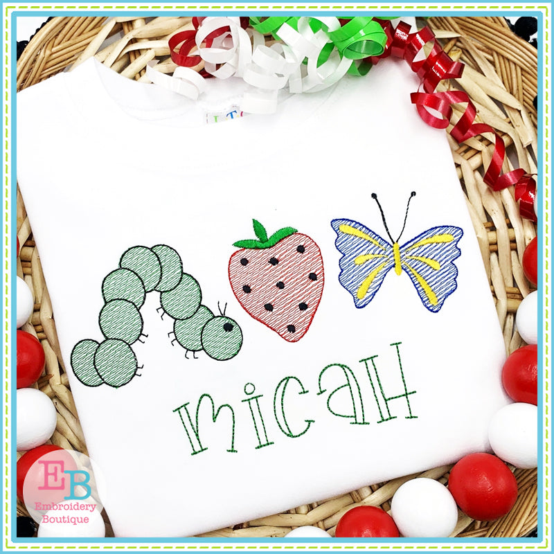 Caterpillar Strawberry Sketch Embroidery Design, Embroidery Design