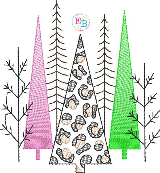 Christmas Trees Cheetah Embroidery Design, Embroidery
