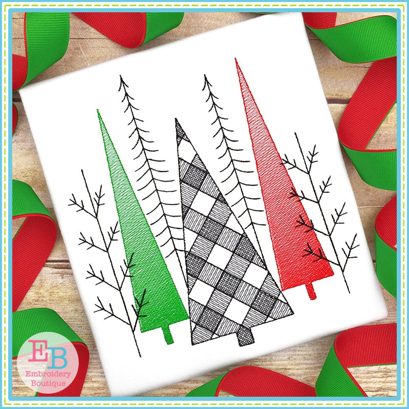 Christmas Trees Plaid Sketch Embroidery Design, Embroidery