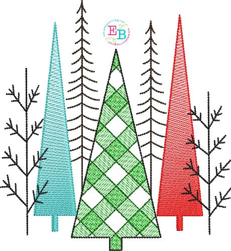 Christmas Trees Plaid Sketch Embroidery Design, Embroidery
