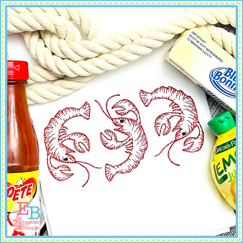 Crawfish Trio Sketch Embroidery Design, Embroidery