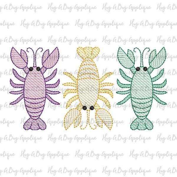 Crawfish Trio Sketch Stitch Embroidery Design, Embroidery