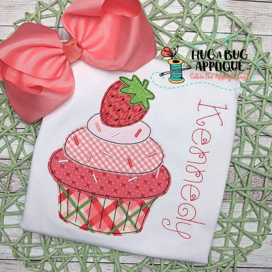 Cupcake Strawberry Bean Stitch Applique Design, Applique